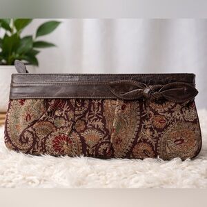Kooba Brown Tapestry Clutch Bag Paisley Boho Leather Trim Envelope Purse